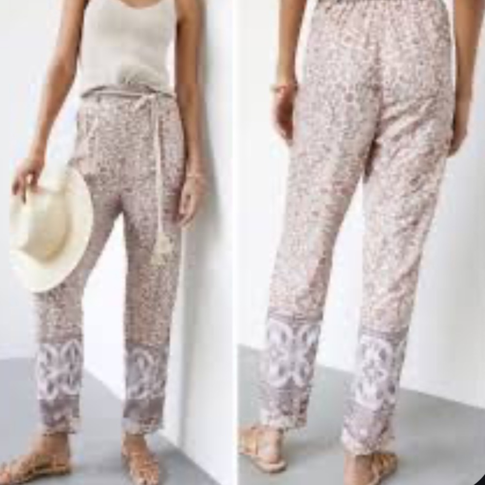 Anthropologie Ollari Cool Lightweight Boho Summer Pants NWT White/Pink Pockets!!